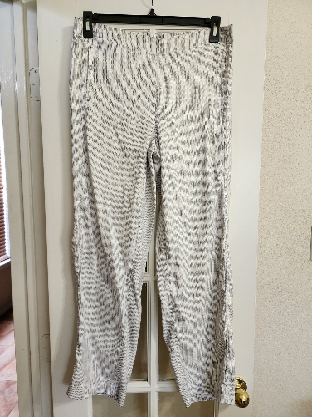 J. Jill Linen Stretch Pull On Pants 12 White Black Pinstripe Straight Leg